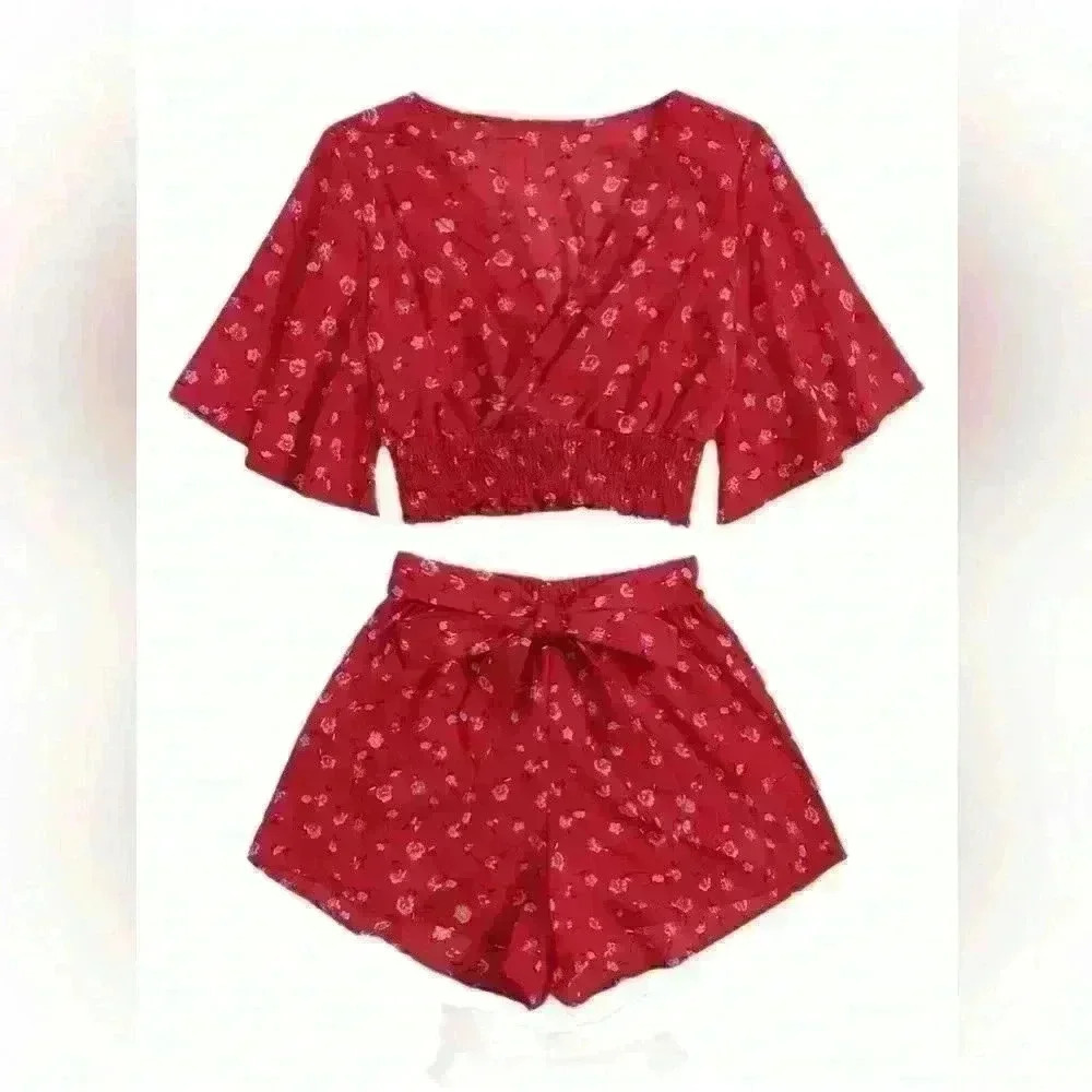 Floral Surplice Shirred Top With Tie Front Shorts